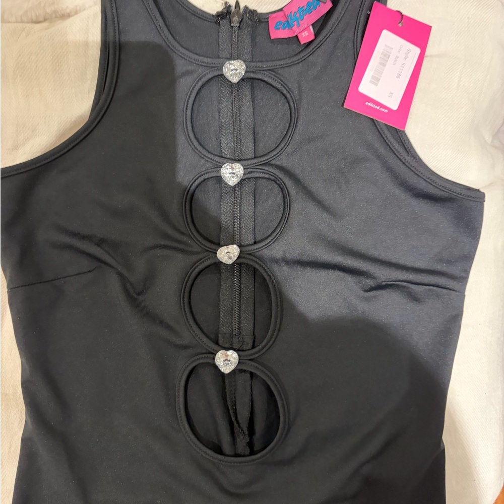 Edikted Black Sleeveless Tank with Heart Rhinestone Loop Cutouts